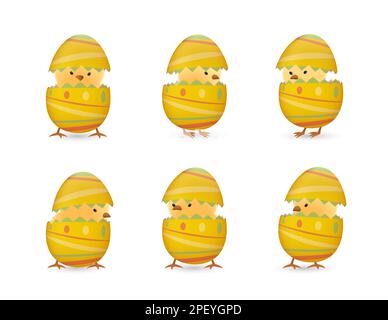 Chicks in broken Easter eggs with lines set Stock Vector