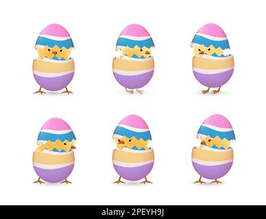 Chicks in broken Easter eggs with stripes set Stock Vector