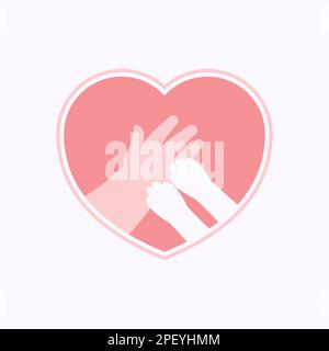 Small paws of cat on hand of kid, in pink heart shaped frame Stock Vector