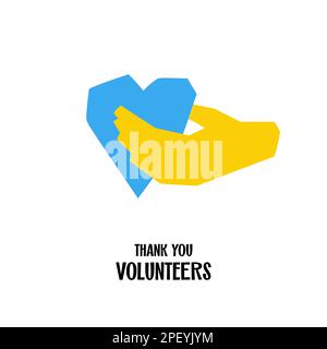 Thank you volunteers text with symbol illustration heart in hand in national color blue and yellow isolated Save Ukraine Stock Vector