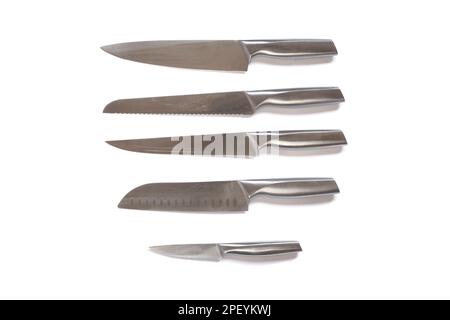 Kitchen knives set made of steel isolated on white background Stock Photo