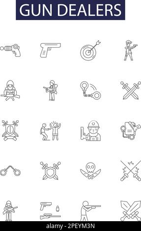 Gun dealers line vector icons and signs. Outfitters, Armorers, Suppliers, Traders, Sellers, Brokers, Providers, Retailers outline vector illustration Stock Vector
