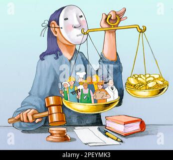 a judge with a mask weighing workers and money on a scale  photoshop illustration Stock Photo