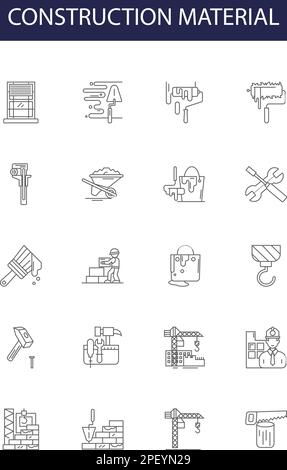 Construction material line vector icons and signs. Cement, Steel, Aggregate, Glass, Concrete, Sand, Gravel, Stone outline vector illustration set Stock Vector
