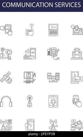 Communication services line vector icons and signs. Telephony, Messaging, Email, Video, Network, Instant, Data, Broadcast outline vector illustration Stock Vector
