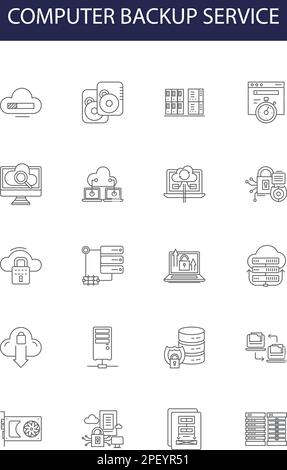 Computer backup service line vector icons and signs. Service, Computer, Storage, Online, Automated, Solution, Cloud, System outline vector Stock Vector