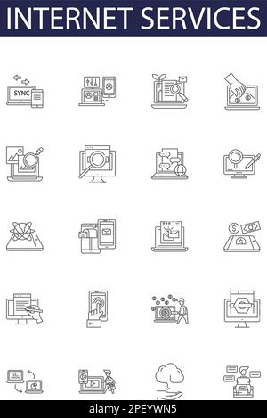 Internet services line vector icons and signs. services, web hosting, streaming, email, cloud, VoIP, file-sharing, DNS outline vector illustration set Stock Vector