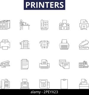 Printers line vector icons and signs. Printing, Ink, Laser, Toner, Canon, Epson, HP, Network outline vector illustration set Stock Vector