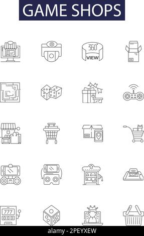 Game shops line vector icons and signs. Shops, Stores, Outlets, Centres, Boutiques, Retailers, Vendors, Dealers outline vector illustration set Stock Vector
