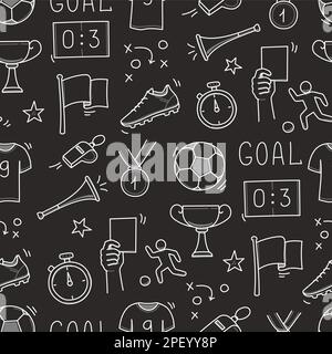 Soccer doodle seamless pattern. Football goal, award cup, whistle hand drawn line doodle sketch style equipment icon. Vector illustration Stock Vector