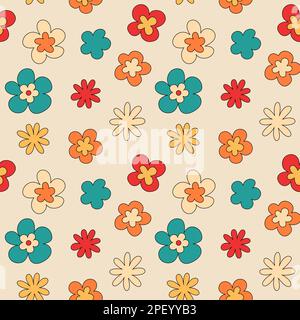 Groovy colorful floral seamless pattern. Retro hippie flowers vector digital paper Stock Vector