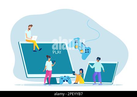Vector of a group of young gamers playing on different devices, mobile phone, tablet, laptop, console. Stock Vector