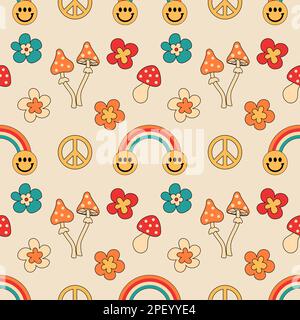 Retro groovy party elements seamless vector pattern Stock Vector
