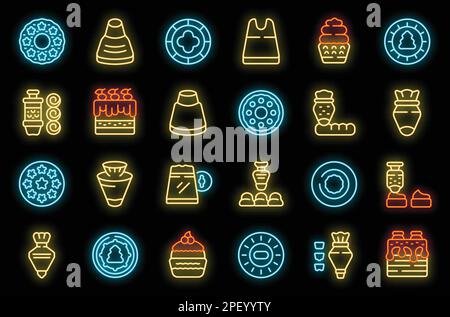 Icing nozzles icons set outline vector. Cake decoration. Icing bakery neon color on black isolated Stock Vector