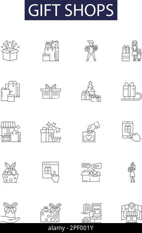 Gift shops line vector icons and signs. shop, sale, box, background, illustration, discount, 3d,vector outline vector illustration set Stock Vector