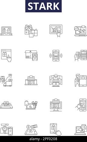 Stark line vector icons and signs. Rigid, Sharp, Defined, Severe, Bold, Clear, Hard, Harsh outline vector illustration set Stock Vector