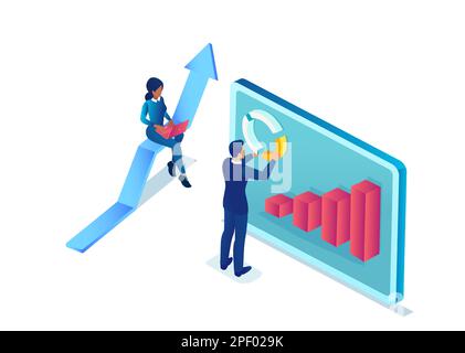 Vector of business people using mobile gadgets to analyze financial data Stock Vector