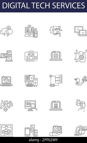 Digital tech services line vector icons and signs. Tech, Services, Cloud, Computing, IT, Solutions, Consulting, Networking outline vector illustration Stock Vector