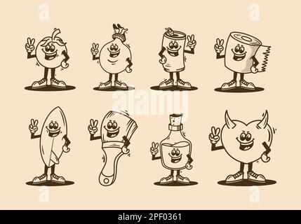 several design mascot characters with hands forming peace symbol Stock Vector