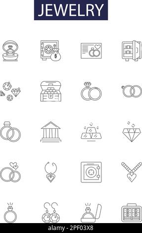 Jewelry line vector icons and signs. Ornaments, Charms, Necklaces, Rings, Bracelets, Earrings, Pendants, Lockets outline vector illustration set Stock Vector