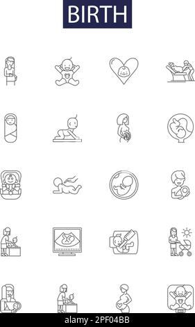 Birth line vector icons and signs. Childbirth, Delivery, Parturition, Nascence, Conception, Beginnings, Genesis, Advent outline vector illustration Stock Vector