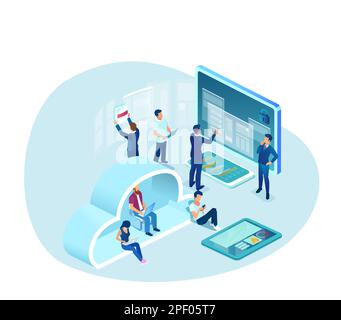 Vector of a group of people men and women using computers, cloud service, analyzing web data Stock Vector