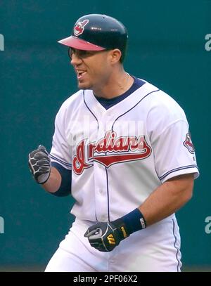 Cleveland Indians' Travis Hafner celebrates his grand slam home run off of  Boston Red Sox relief pitcher Kevin Foulke during the ninth inning at  Fenway Park in Boston Tuesday, June 28, 2005.