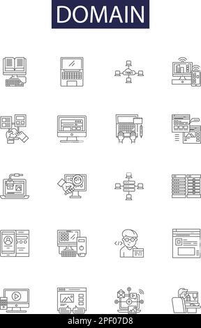 Domain line vector icons and signs. Website, Registration, Internet, IP, DNS, Syllabus, Extension, Area outline vector illustration set Stock Vector