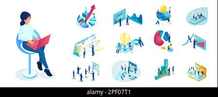 Isometric vector set of business creative teams solving problems brainstorming ideas, using technology to analyze data Stock Vector