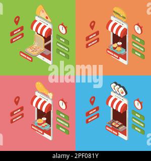Online fast food order and delivery concept set, giant isometric smartphone with pizza, hamburger, fried chicken and sushi serving directly from mobil Stock Vector