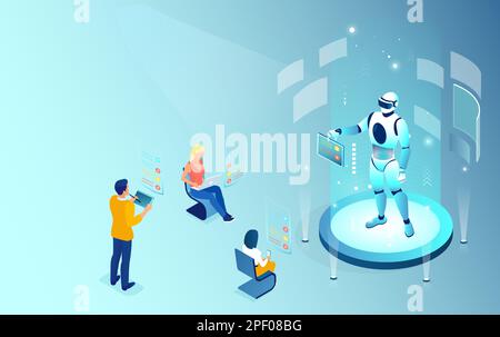 Artificial intelligence concept. Vector of people chatting with a computer Stock Vector