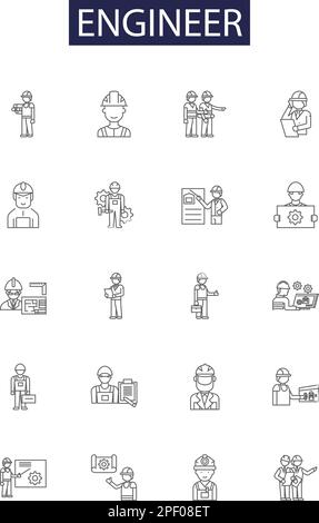 Engineer line vector icons and signs. technologist, technician, inventor, fabricator, draftsman, surveyor, architect, designer outline vector Stock Vector