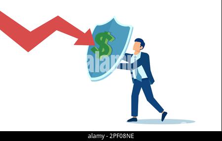 Vector of a businessman with a shield with a dollar symbol protecting himself from bad economic times Stock Vector