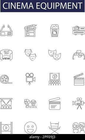 Cinema equipment line vector icons and signs. Screen, Speakers, Amplifier, Receiver, Acoustics, Microphone, Stands, Lighting outline vector Stock Vector