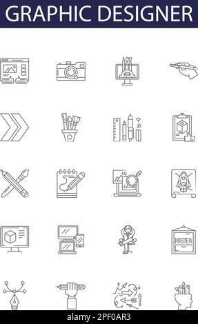 Graphic designer line vector icons and signs. Designer, Visual, Artist, Layout, Branding, Logo, Creative, Communication outline vector illustration Stock Vector