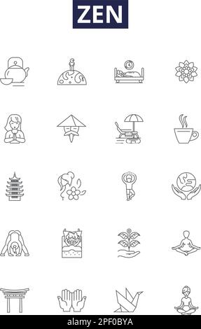Zen line vector icons and signs. Focus, Clarity, Inner, Peace, Awareness, Mindful, Meditation, Bliss outline vector illustration set Stock Vector