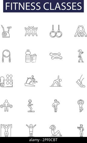 Fitness classes line vector icons and signs. Exercise, Training, Aerobics, Pilates, Dance, Yoga, Kettlebells, Squats outline vector illustration set Stock Vector