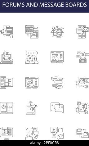 Forums and message boards line vector icons and signs. forum, board, communication, text, talk, sign, icon,discussion outline vector illustration set Stock Vector