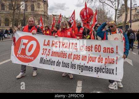 Paris, France - 03 15 2023: Strike. Demonstration in Paris against the pension reform project Stock Photo