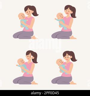 Set of young mother sitting and holding baby with different actions and emotions, smiling, laughing, screaming and crying in flat cartoon style Stock Vector