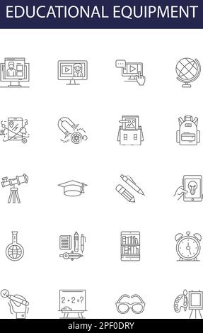 Educational equipment line vector icons and signs. Courseware, Furniture, Devices, Technology, Instruments, Materials, Desks, Interactive outline Stock Vector