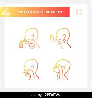 Throat examination and inhalation pixel perfect gradient linear vector icons set Stock Vector