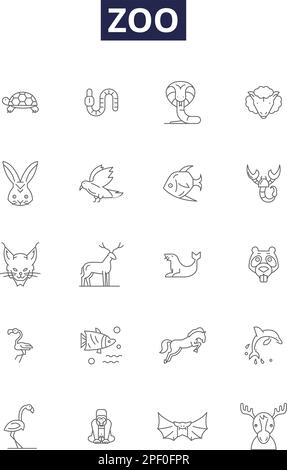 Zoo line vector icons and signs. Wildlife, Exhibits, Safari, Reptiles, Predators, Conservation, Mammals, Cage outline vector illustration set Stock Vector