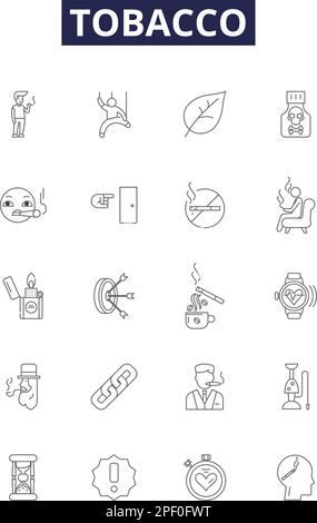 Tobacco line vector icons and signs. Smoking, Cigar, Cigarette, Pipe, Chew, Vape, Nicotine, Cured outline vector illustration set Stock Vector