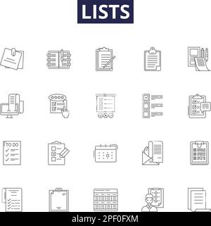 Lists line vector icons and signs. Register, Catalogue, Chronicle, Inventory, Tabulate, Aggregate, Codify, Matrix outline vector illustration set Stock Vector