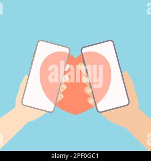 Online dating concept with hands of woman and man holding smartphones closely connected with red heart in flat cartoon style Stock Vector