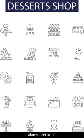 Desserts shop line vector icons and signs. Shop, Cakes, Ice-cream, Pies, Pastries, Sweet, Donuts, Cookies outline vector illustration set Stock Vector