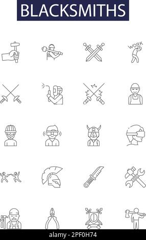 Blacksmiths line vector icons and signs. Forging, Anvil, Stamping, Furnace, Hammering, Welding, Shaping, Fire outline vector illustration set Stock Vector