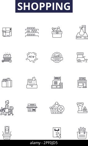 Shopping line vector icons and signs. Purchase, Buy, Bargain, Haggle, Pay, Mall, Marketplace, Retailing outline vector illustration set Stock Vector