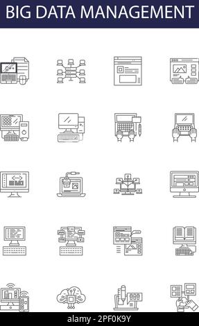 Big data management line vector icons and signs. Mining, Storage, Processing, Visualization, Integration, Automation, Security, Warehousing outline Stock Vector